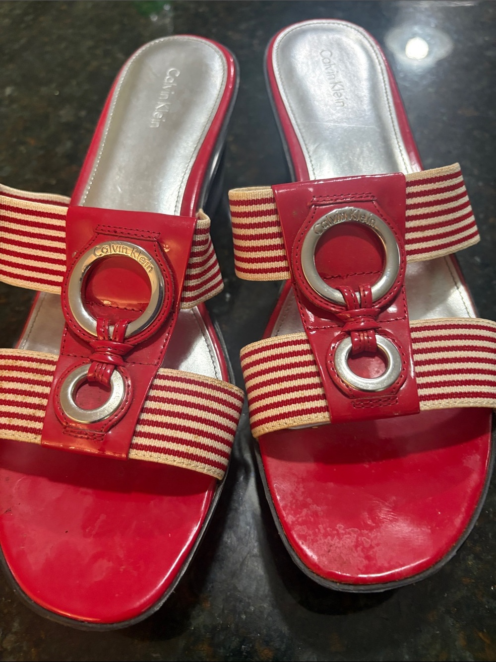 Calvin Klein Red and White Striped Slide Sandals with Silver Rings